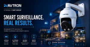 AVTRON smart surveillance banner showcasing commercial CCTV surveillance solutions with AI-powered PTZ cameras, remote monitoring, and advanced business security.