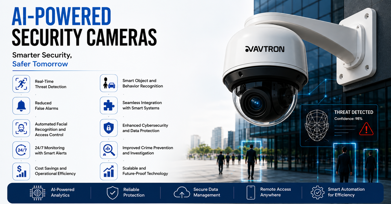 AVTRON AI-powered security camera with real-time threat detection, facial recognition, smart analytics, cybersecurity protection, and advanced video surveillance technology.