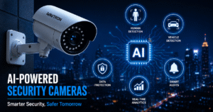 Avtron AI security cameras featuring human detection, vehicle detection, smart alerts, data protection, and real-time analytics for intelligent video surveillance and commercial security monitoring