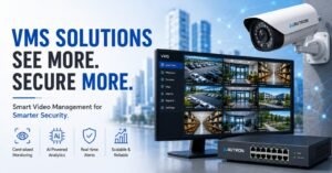 AVTRON Video Management System (VMS) dashboard displaying centralized CCTV camera monitoring, AI-powered analytics, real-time alerts, scalable security management, bullet camera surveillance, and intelligent video monitoring solutions.