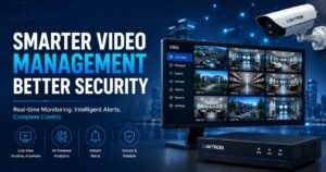 AVTRON Video Management System (VMS) displaying multiple CCTV camera feeds, real-time monitoring, AI-powered analytics, instant alerts, centralized surveillance management, bullet camera, and security monitoring dashboard.