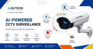 AVTRON AI CCTV surveillance system featuring a smart security camera with facial recognition, motion detection, real-time alerts, and vehicle monitoring.