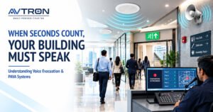 AVTRON voice evacuation system for clear emergency announcements in a modern office building.