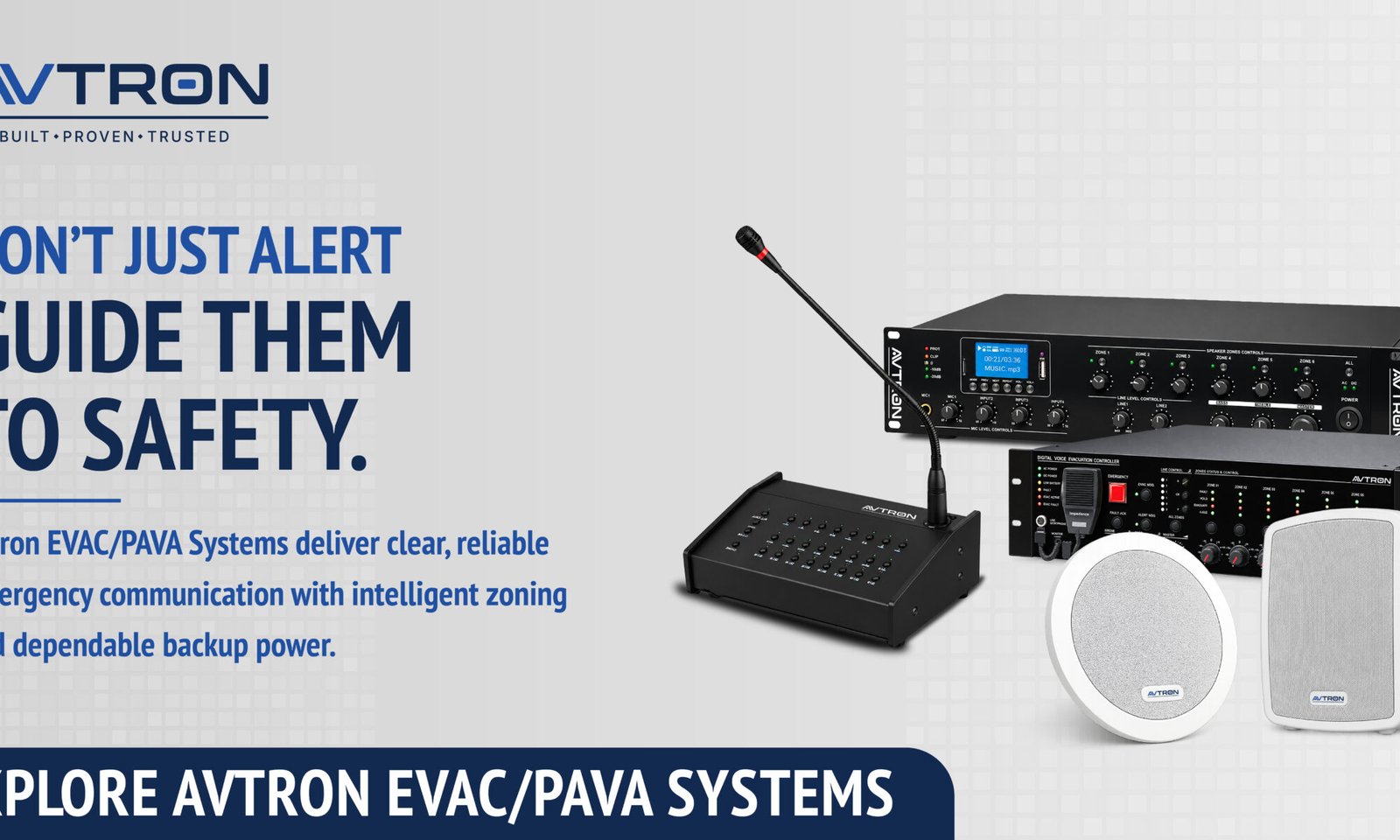 AVTRON voice evacuation system with PAVA controller, microphone, amplifiers, and speakers for emergency communication.