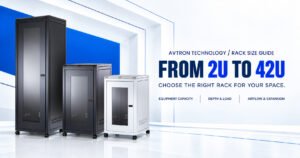 Avtron Technology rack size guide featuring server and network racks from 2U to 42U, highlighting equipment capacity, depth and load, airflow, and expansion.