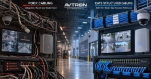 AVTRON Cat6 structured cabling comparison showing poor cabling with packet loss and unstable PoE versus organized Cat6 cabling delivering stable PoE, reliable data, and consistent performance.