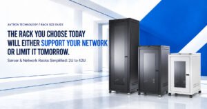 Avtron Technology server and network racks in 2U to 42U sizes, showcasing different rack sizes in a modern blue-and-white setting.