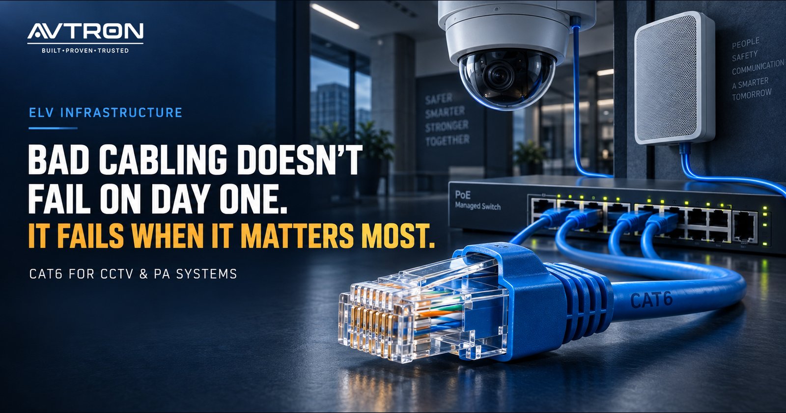 AVTRON Cat6 structured cabling for CCTV and PA systems, showing a blue Cat6 Ethernet cable with RJ45 connector connected to a PoE managed switch, CCTV dome camera, and wall-mounted PA speaker.
